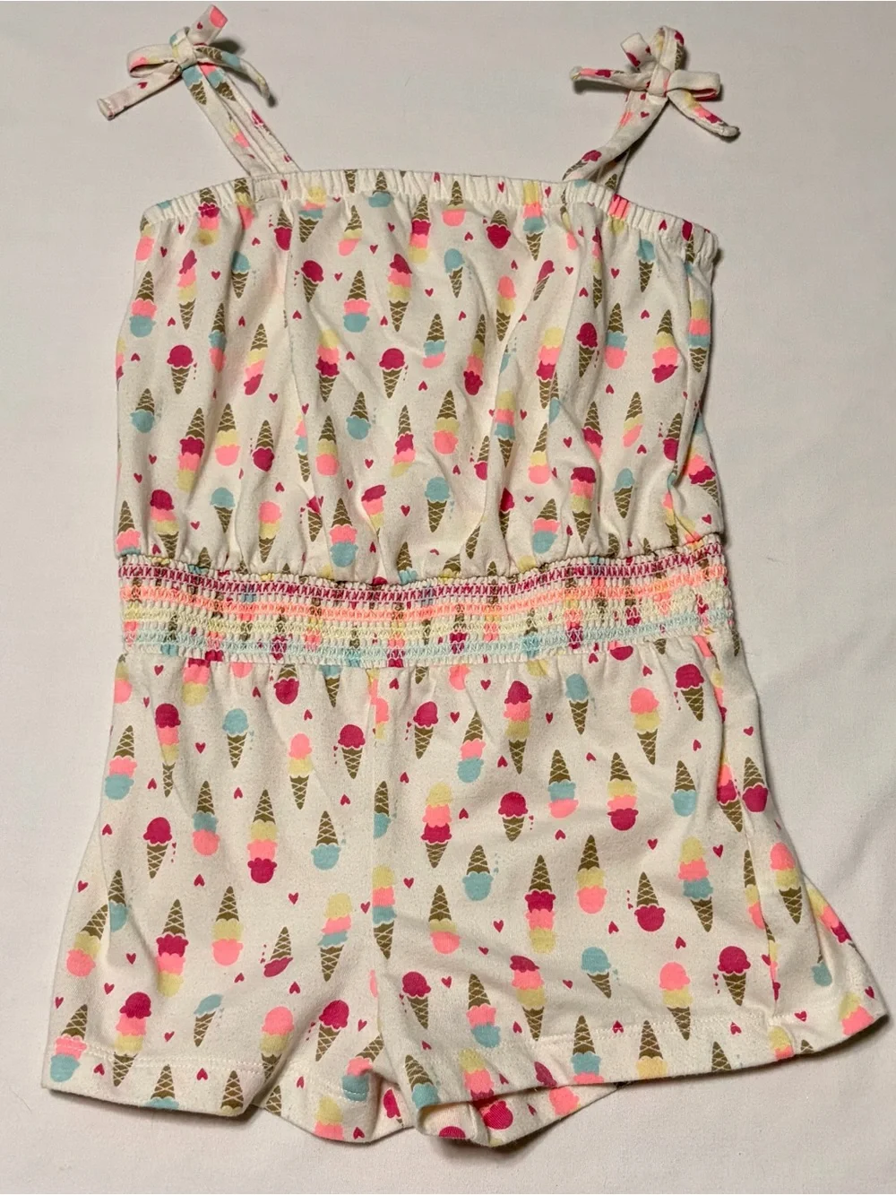 Healthtex Girls 5T Ice Cream Cone Print Smocked Romper Tie Strap Shorts Playsuit